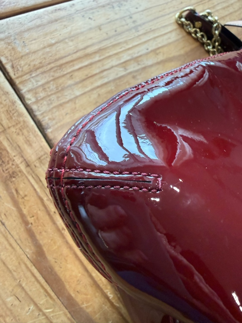 Patent Leather Chain-Trim Tote Bag in Deep Burgundy - Picture 6 of 7
